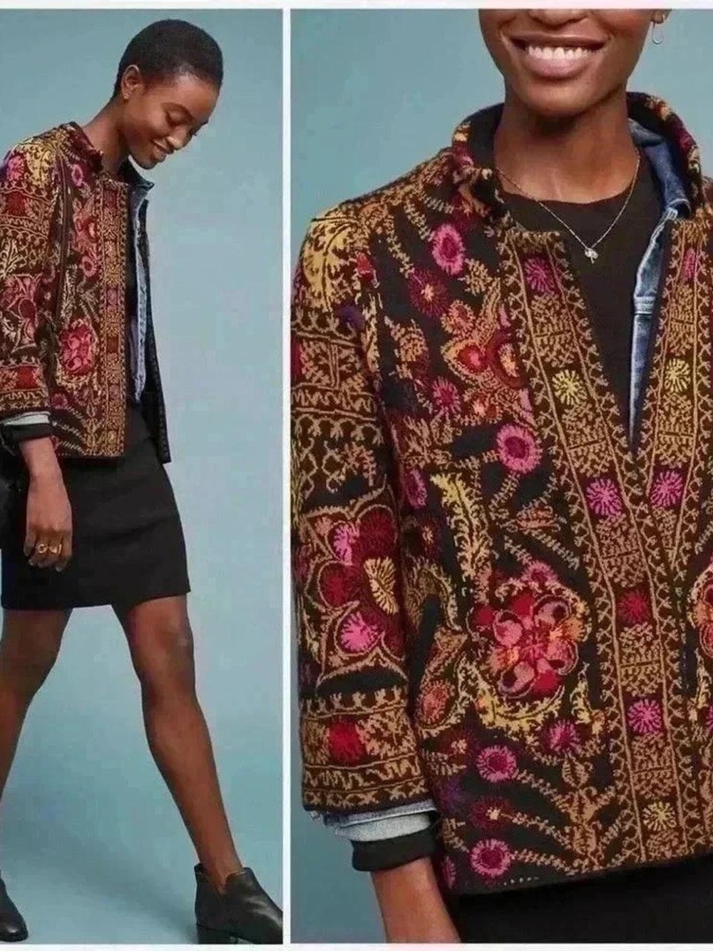 Anthropologie Moth
Payton Jacquard Black and Pink Cardigan Sweater Sz XS